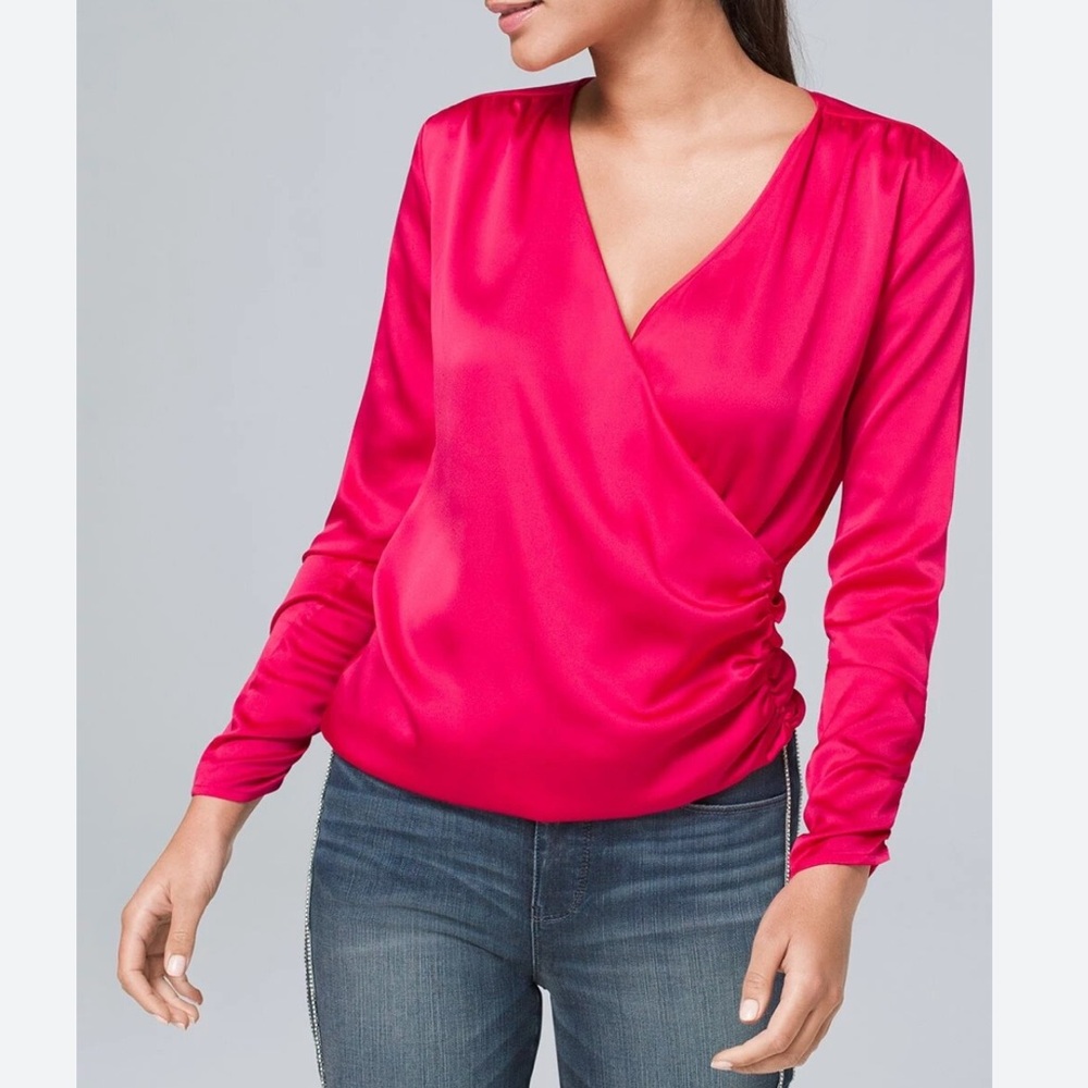 < White House Black Market Red Wrap Ruched Blouse >